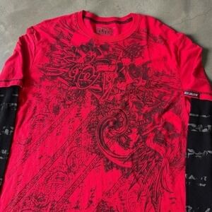 MMA Elite Mens 2XL Red Skulls Graphic Layered Long Sleeve Thermal Shirt Y2K